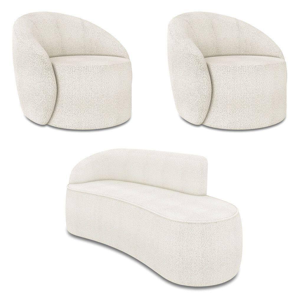 Sofá 3 Lugares Orgânico 180cm Morgan E 2 Poltronas Lua Bouclê Off White D03 - D`rossi