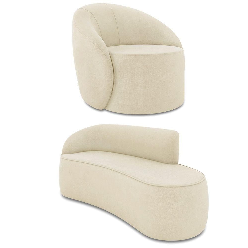 Sofá 3 Lugares Orgânico 180cm Morgan E Poltrona Lua Suede Bege D03 - D`rossi