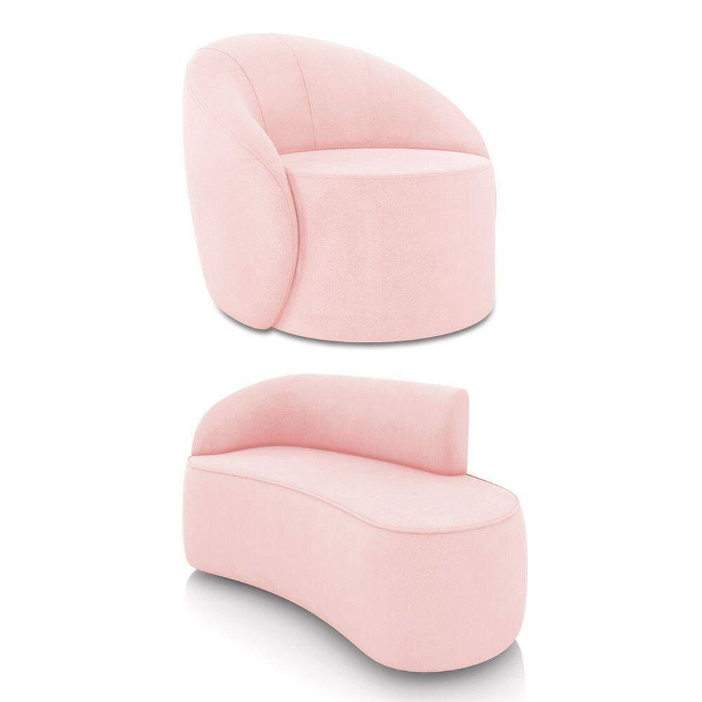 Sofá 2 Lugares Orgânico 140cm Morgan E Poltrona Lua Suede Rosa Bebê D03 - D`rossi
