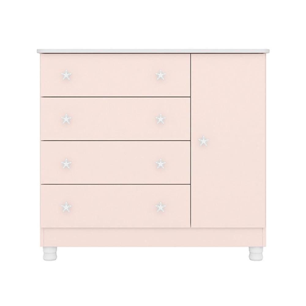 Cômoda Infantil 1 Porta E 4 Gavetas Doce Sonho Rosa Acetinado Com Pés - Qmovi Rosa Acetinado