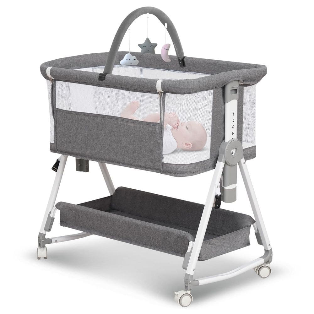 Berço de bebê MEICHYUN 3 em 1, dorminhoco de cabeceira com brinquedos e armazenamento