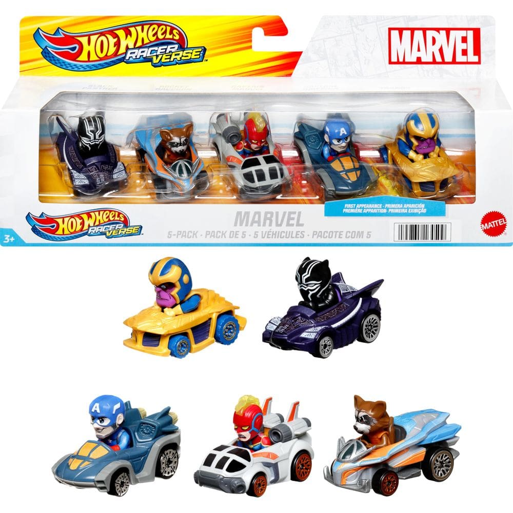 Toy Cars Hot Wheels Marvel RacerVerse, pacote com 5, 1:64