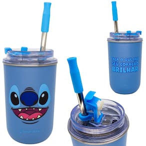 Copo Stitch Térmico Quente Gelado 300ml Azul Com Tampa E Canudo Oficial Disney