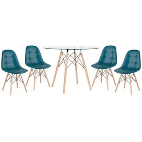 Kit - Mesa De Vidro Eames 100 Cm + 4 Cadeiras Eames Botonê Turquesa Turquesa