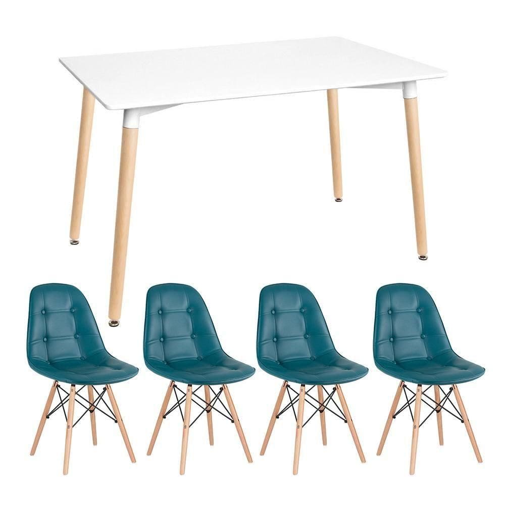 Kit - Mesa Retangular Eames 80 X 140 Cm Branco + 4 Cadeiras Botonê Turquesa Mesa Branco Com Cadeiras Turquesa
