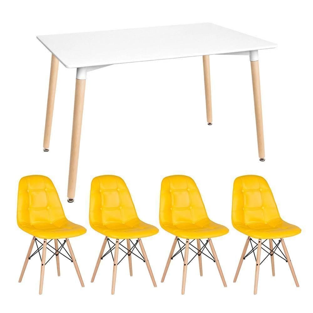 Kit - Mesa Retangular Eames 80 X 120 Cm Branco + 4 Cadeiras Botonê Amarelo Mesa Branco Com Cadeiras Amarelo
