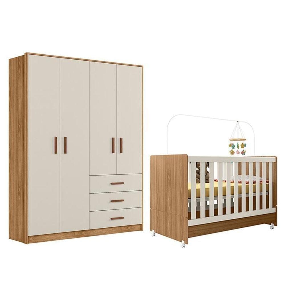 Jogo De Quarto Infantil Pérola Guarda Roupa E Berço Nature-off White - Peternella Móveis Nature-off White