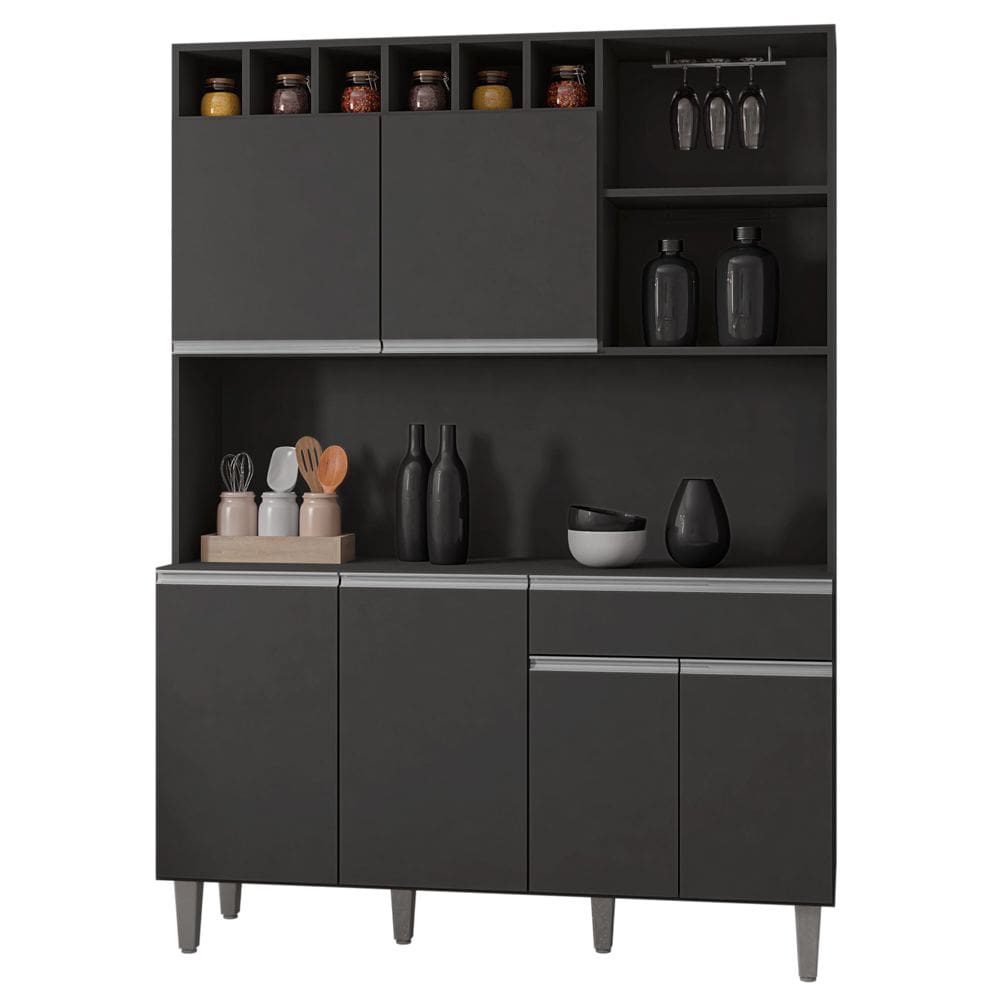 Kit Cozinha Compacta Alice 130cm Com 6 Portas e 1 Gaveta Cinza Escuro - Abmaza