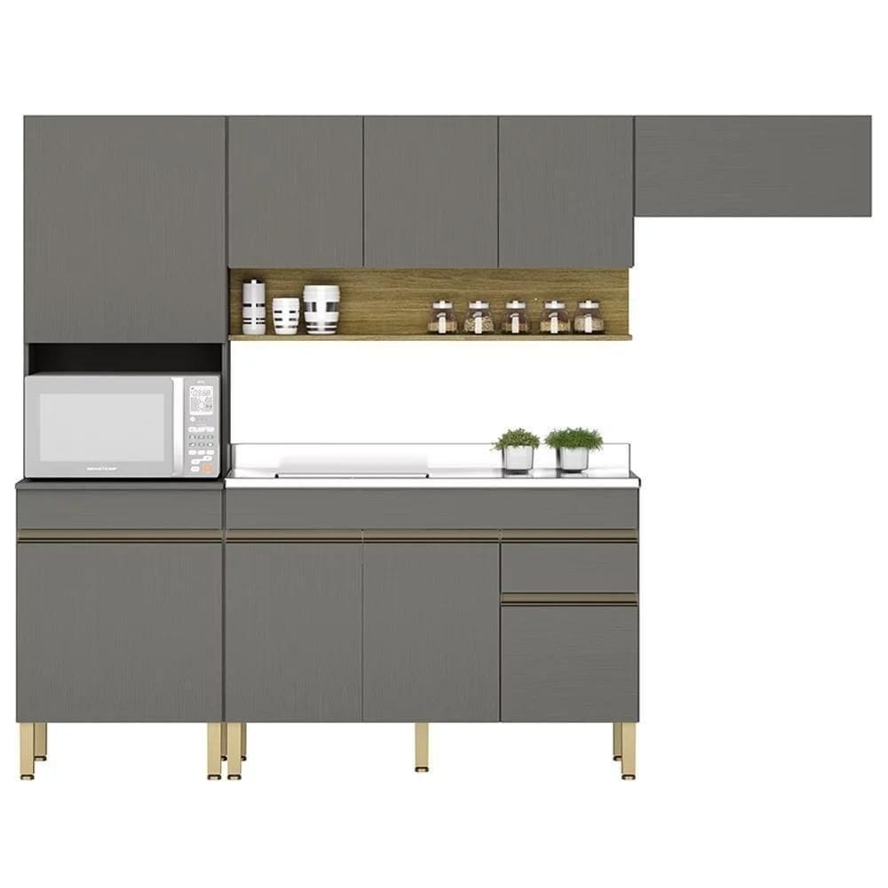 Armário De Cozinha 5 Peças Balcão Com Pia 150cm Lina20 K02 Gris/freijó - Mpozenato