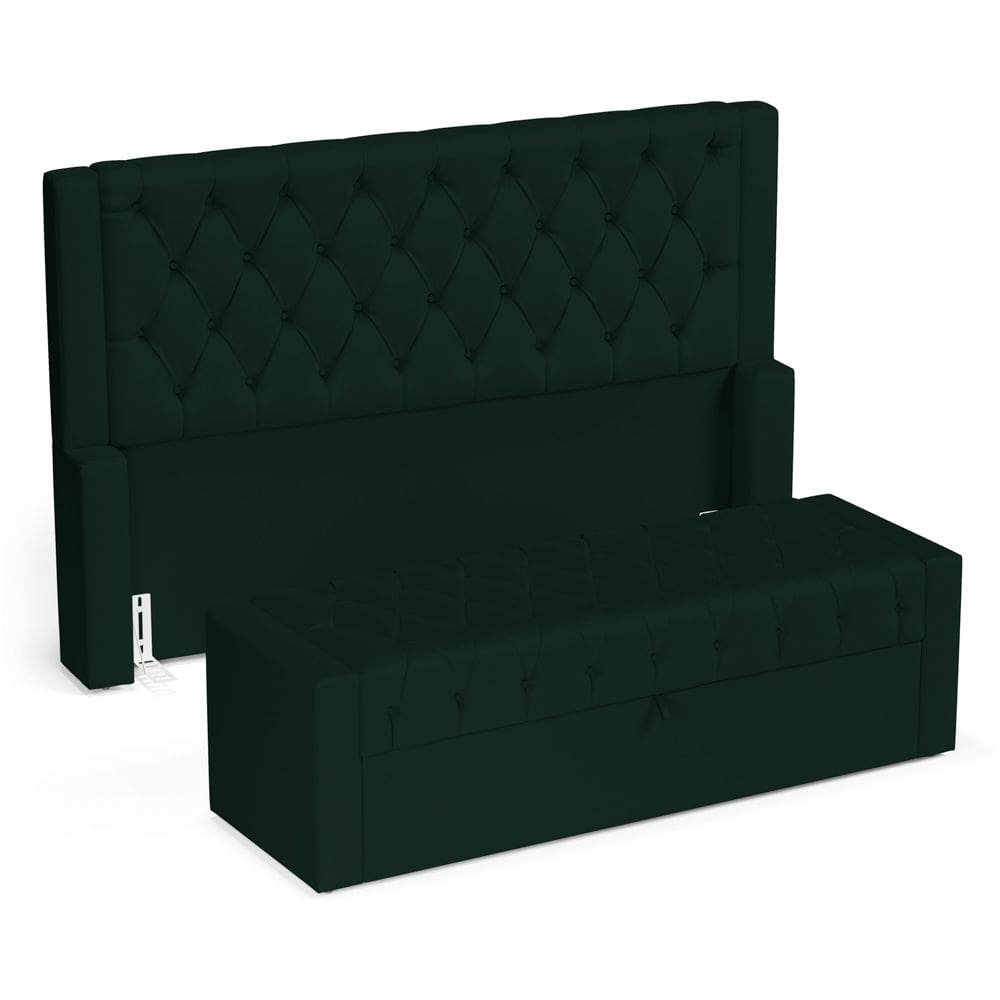 Cabeceira e Calçadeira Báu Casal Padrão Atena 140cm Capitonê Veludo Verde Escuro - Abmaza