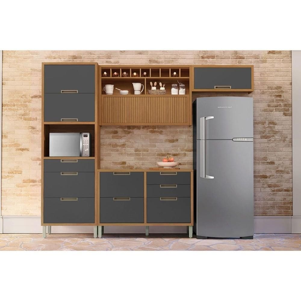 Cozinha Modulada Nesher Imperatriz 4 Peças (2Aéreos+1Balcão+1Paneleiro) C4P157 Freijo/Grafite-Nesher