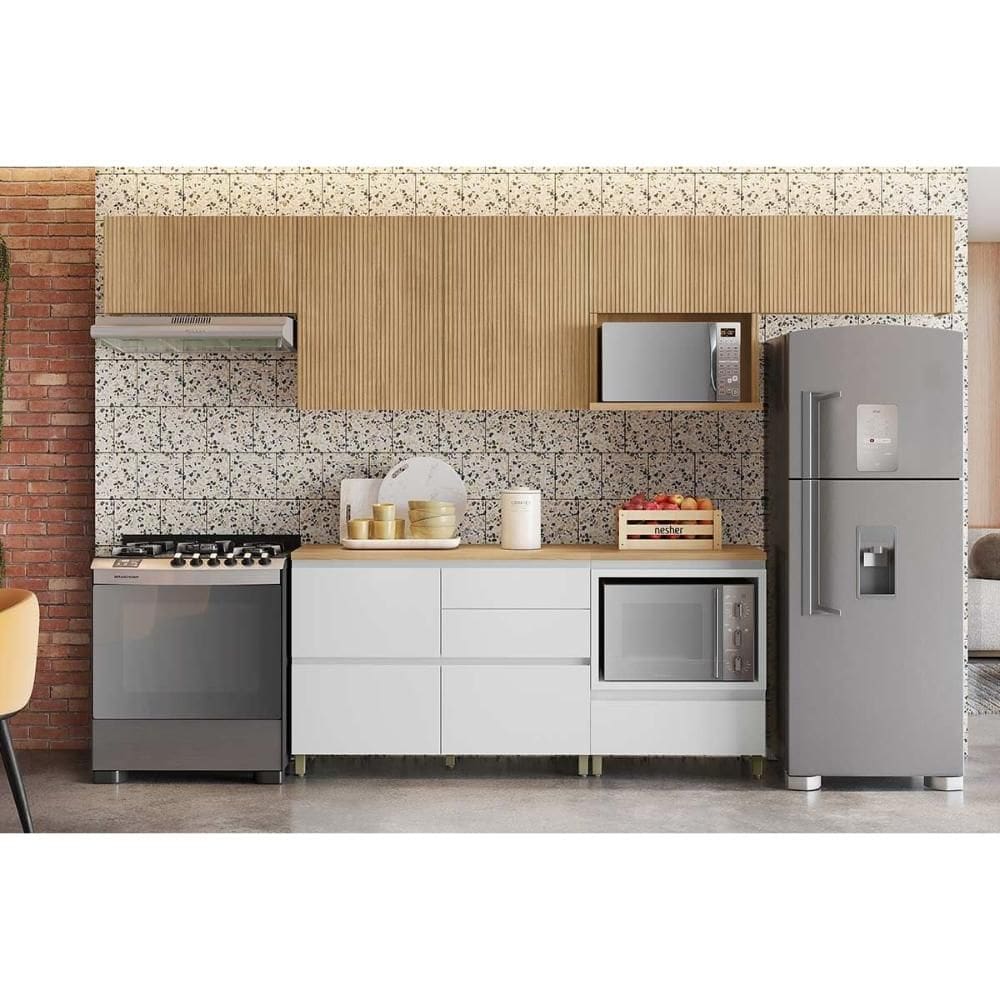Cozinha Modulada Nesher Rainha 6 Peças (4Aéreos+2Balcões) C6P88 Nature/Branco-Nesher