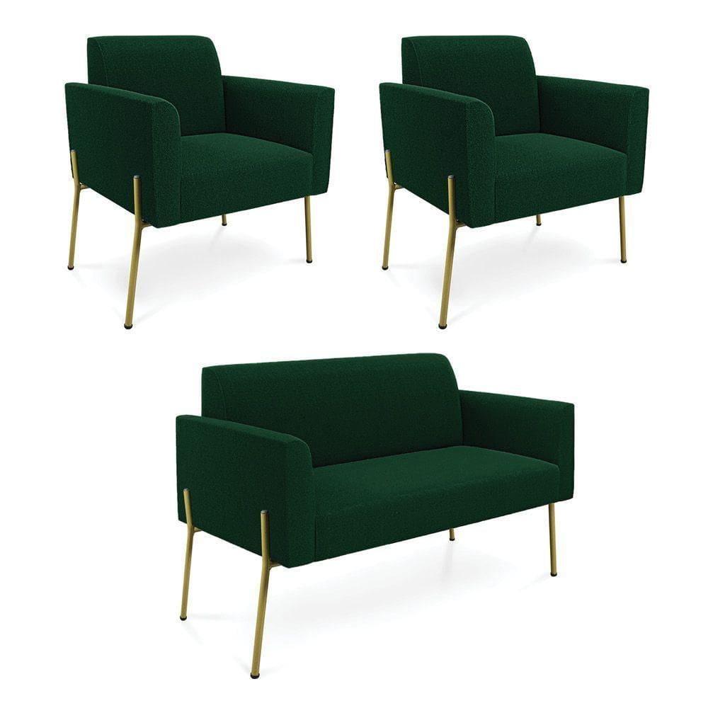 Namoradeira E 2 Poltronas Pé Ferro Dourado Marisa Bouclê Verde D03 - D`rossi