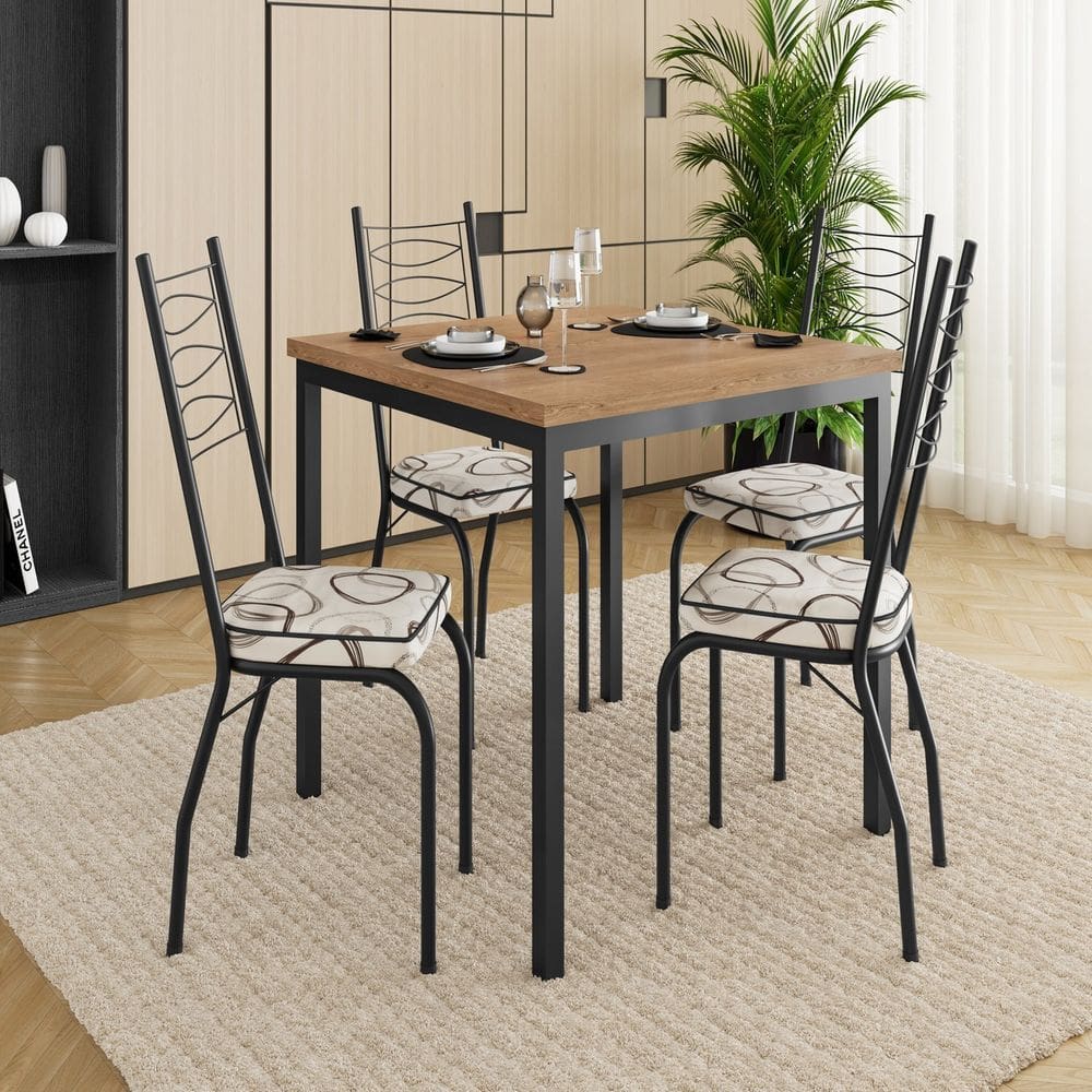 Conjunto de Mesa e Cadeira com 4 Cadeiras  Preto/Madeira Cedro
