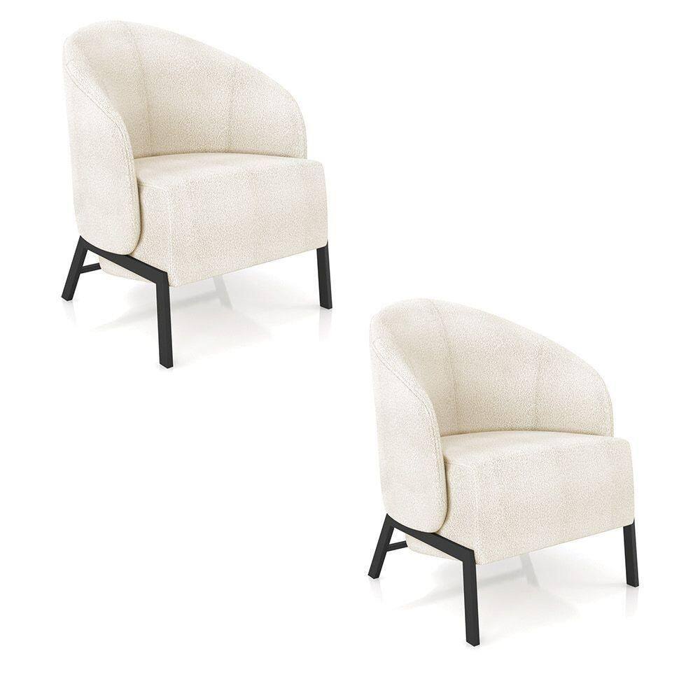Poltrona Sala De Estar Base Industrial Kit 2 Luar Bouclê K01 - D`rossi Cor Creme