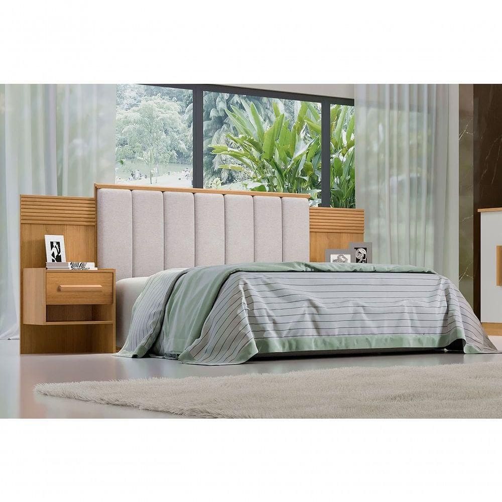 Cabeceira Para Cama Queen Size Ripada Irís Estofada Com 2 Mesas De Cabeceira D` Doro Cinamomo/ripado