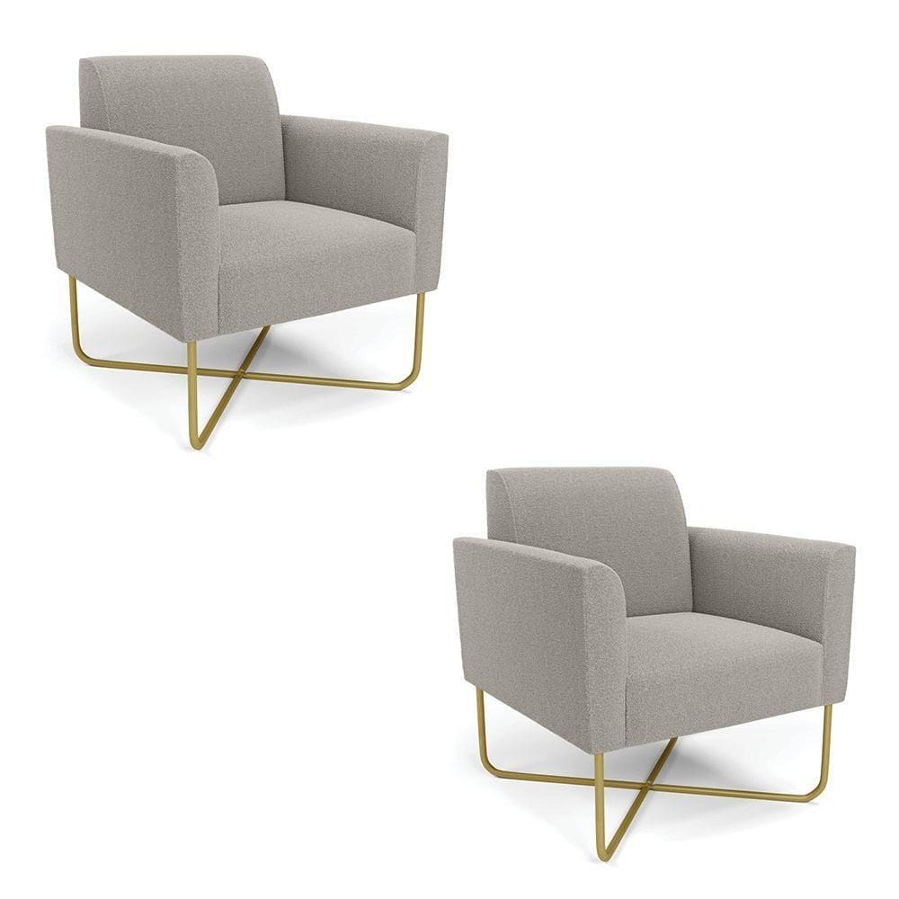 Poltrona Sala Base X Industrial Dourado Kit 2 Marisa Bouclê Cinza D03 - D`rossi