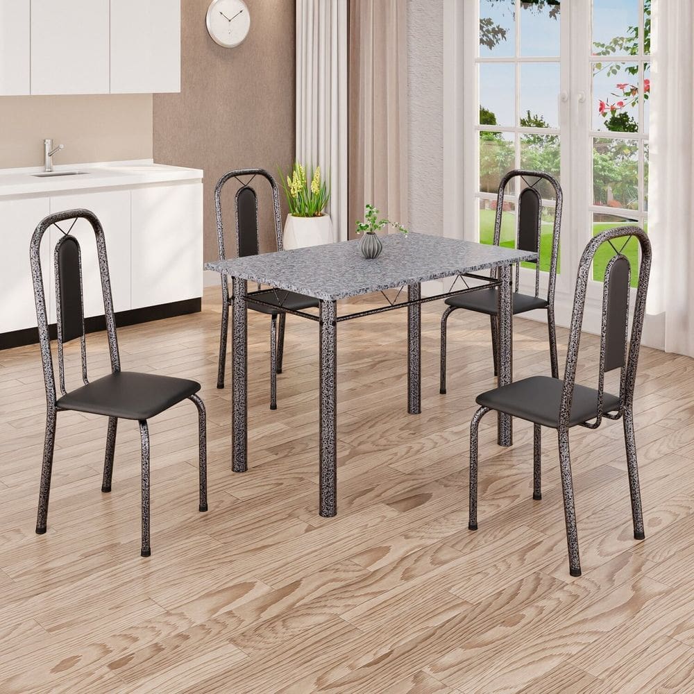 Conjunto de Mesa com 4 Cadeiras Lívia Preto/Prata