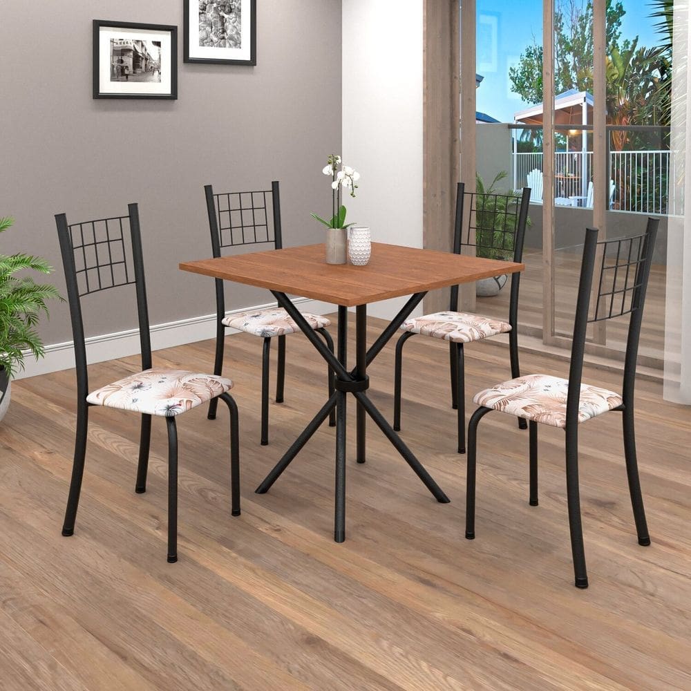 Conjunto de Mesa Tubular 70cm X 70cm Tampo em Mdf com 4 Cadeiras Dany Botanic Bege / Preto TXT