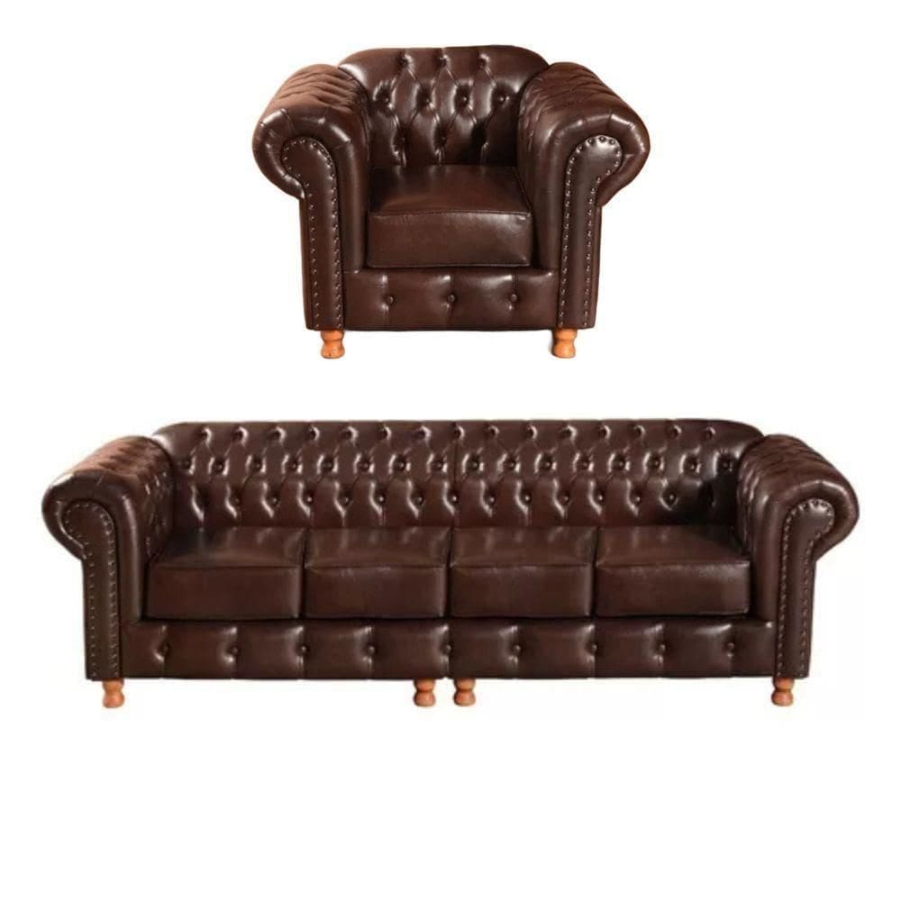 Conjunto Sofá 4 Lugares E Poltrona Chesterfield Luís Xv Vintage Retrô Capitonê Couro Marrom