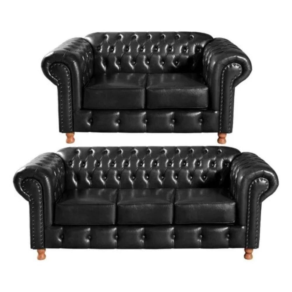 Conjunto Sofás 2 E 3 Lugares Chesterfield Luís Xv Vintage Retrô Capitonê Couro Preto