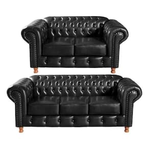 Conjunto Sofás 2 E 3 Lugares Chesterfield Luís Xv Vintage Retrô Capitonê Couro Preto