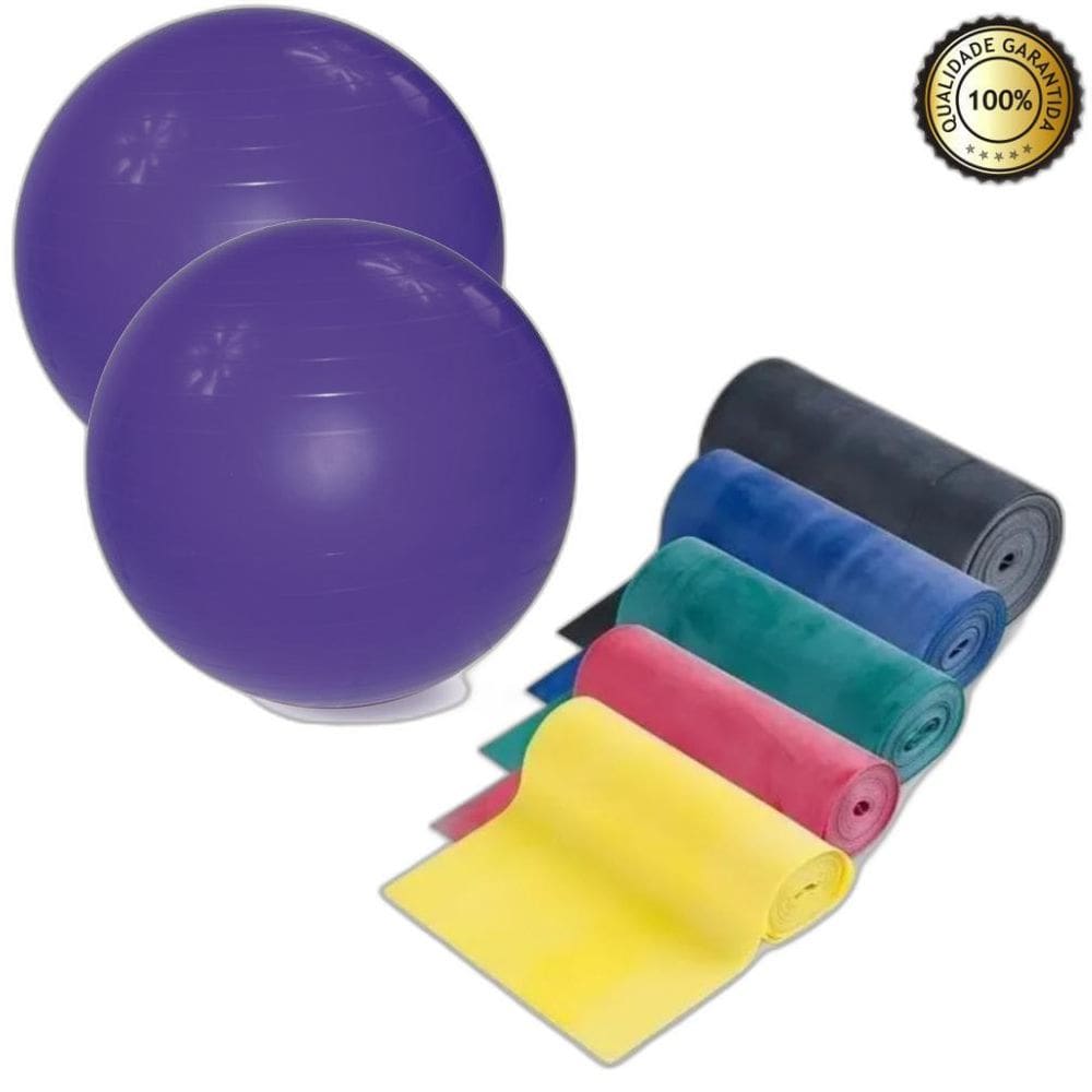 Kit Faixas Elásticas 5 Intensidades + 2 Bola Pilates 65 Cm