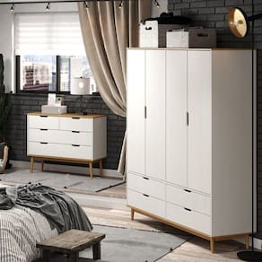 Conjunto Quarto com Guarda-Roupa 4 Portas 4 Gavetas e Cômoda 4 Gavetas Nórdica Yescasa ROBLE/BRANCO
