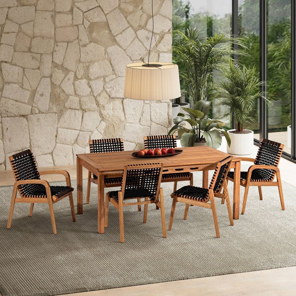 Conjunto 6 Cadeira 1 Mesa 180cm - Varanda Coberta/Área Gourmet Traço Stain Jatobá/Corda Preto