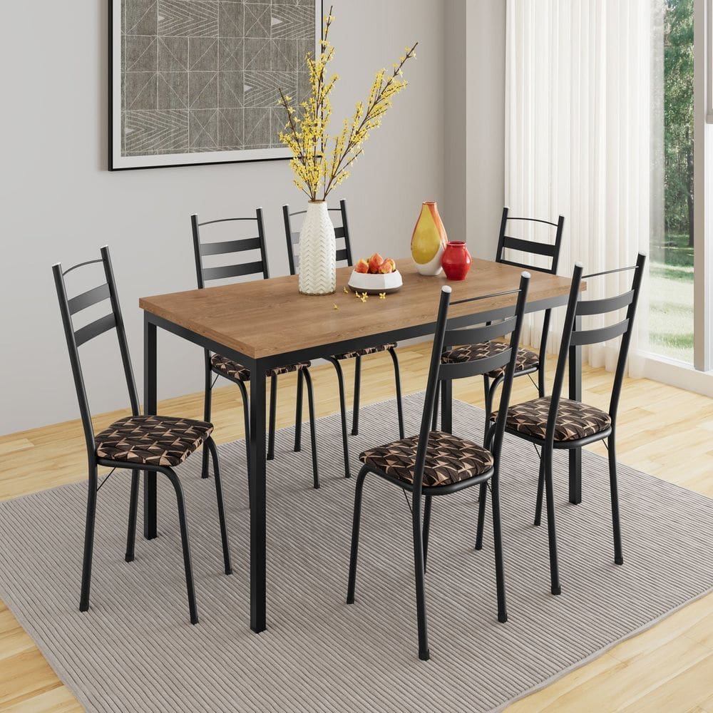 Conjunto de Mesa com 6 Cadeiras Adriana Preto/Mosaico Palha