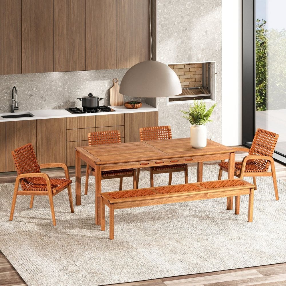 Conjunto 4 Cadeiras 1 Banco 1 Mesa 180cm - Varanda Coberta/Área Gourmet Traço Stain Jatobá/Ocre laranja