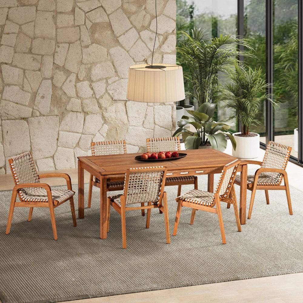 Conjunto 6 Cadeira 1 Mesa 180cm Traço Stain Jatobá/Corda Areia