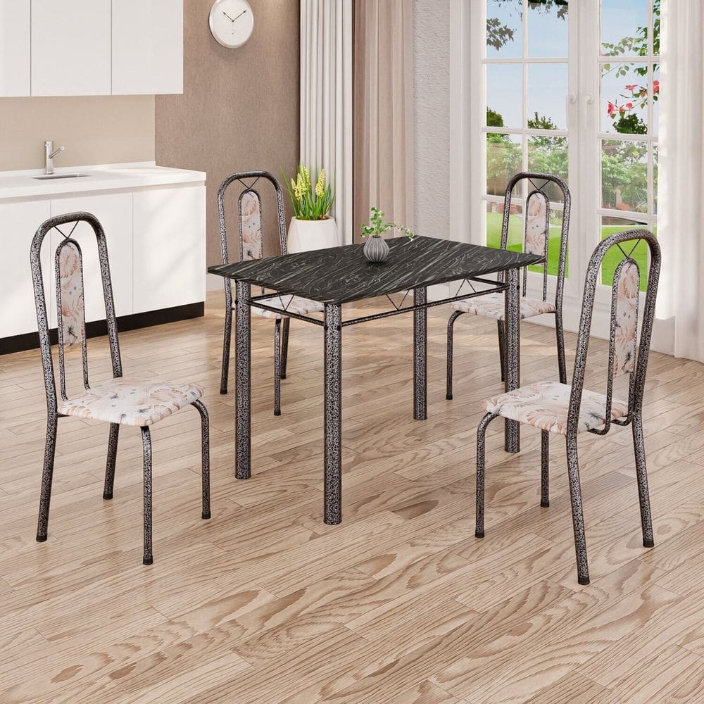 Conjunto de Mesa com 4 Cadeiras Lívia Bege / Prata