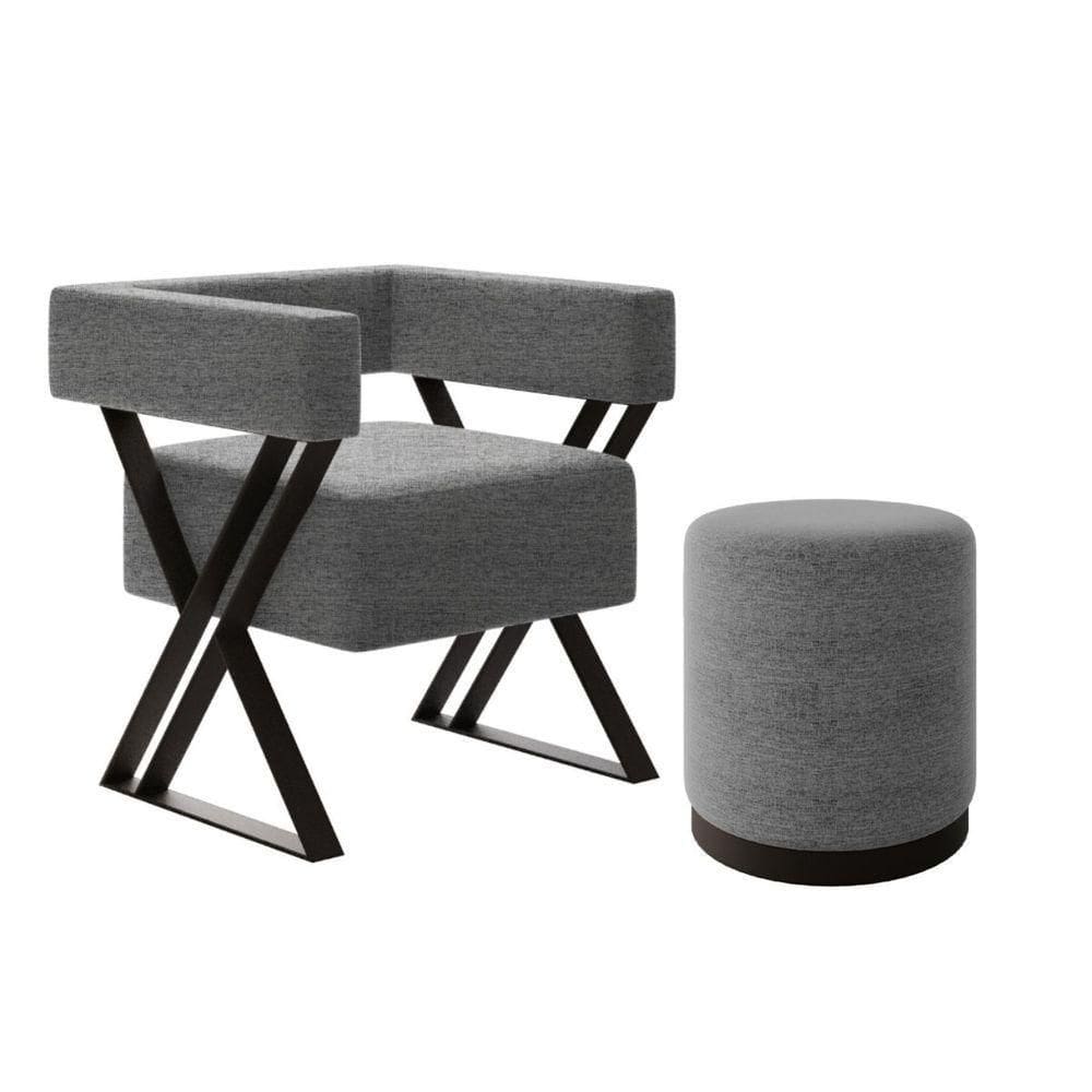 Kit Poltrona E Puff Decorativo Kira Estilo Industrial Linho Cinza