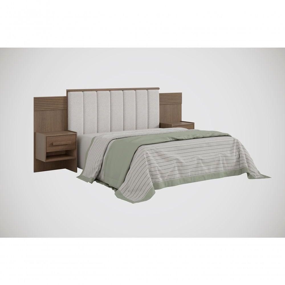Cabeceira Para Cama Queen Size Ripada Irís Estofada Com 2 Mesas De Cabeceira D` Doro Castanho/ripado