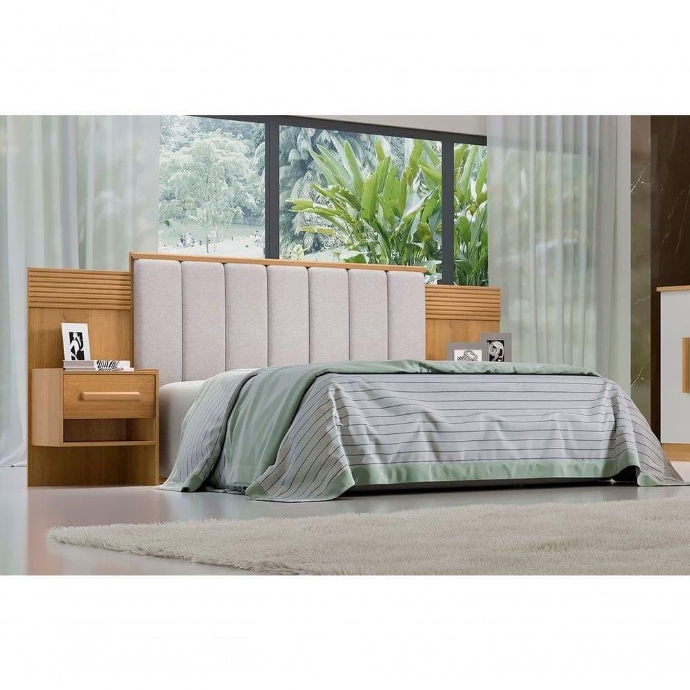 Cabeceira Para Cama Queen Size Ripada Irís Estofada Com 2 Mesas De Cabeceira D` Doro Cinamomo/ripado