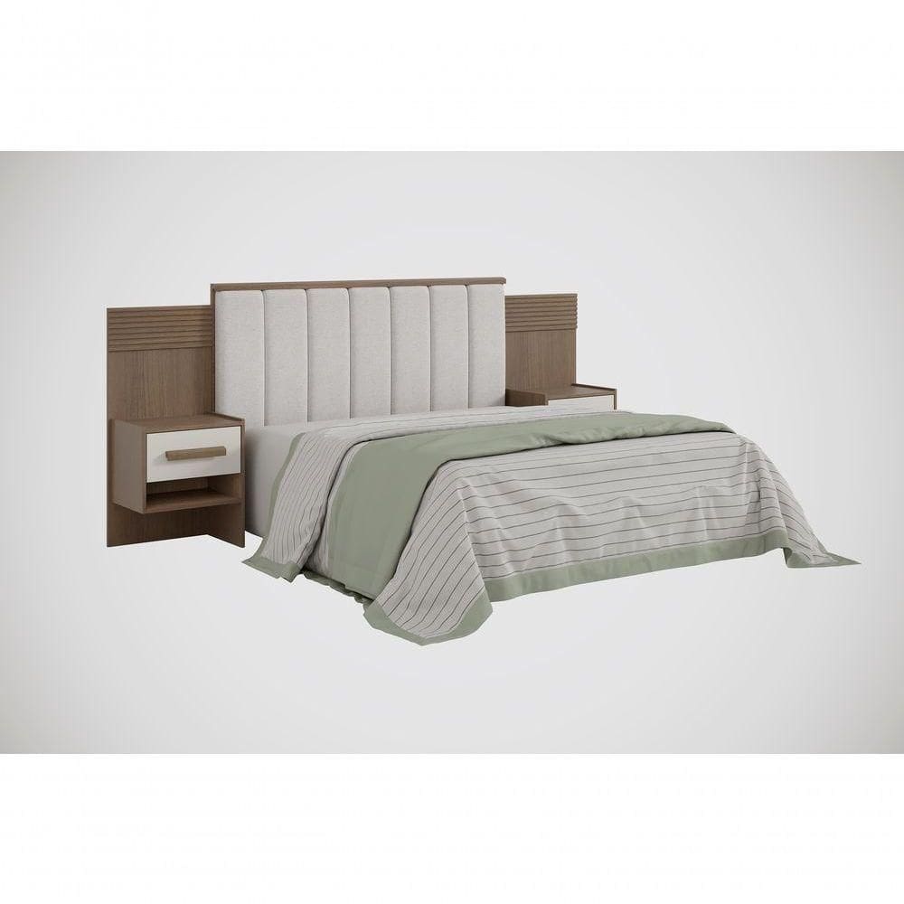Cabeceira Para Cama Queen Size Ripada Irís Estofada Com 2 Mesas De Cabeceira D` Doro Castanho/off White/ripado