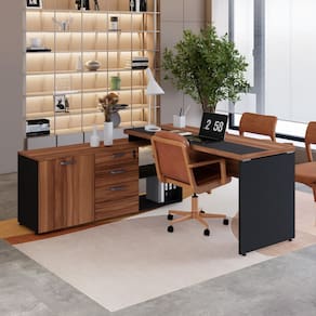 Mesa para Escritório Diretor em L Escrivaninha com Armário e Gavetas – Tampo Bicolor Nogal Sevilha/Preto