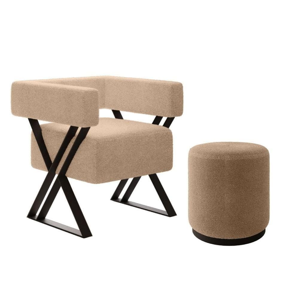 Kit Poltrona E Puff Decorativo Kira Estilo Industrial Bouclé Bege