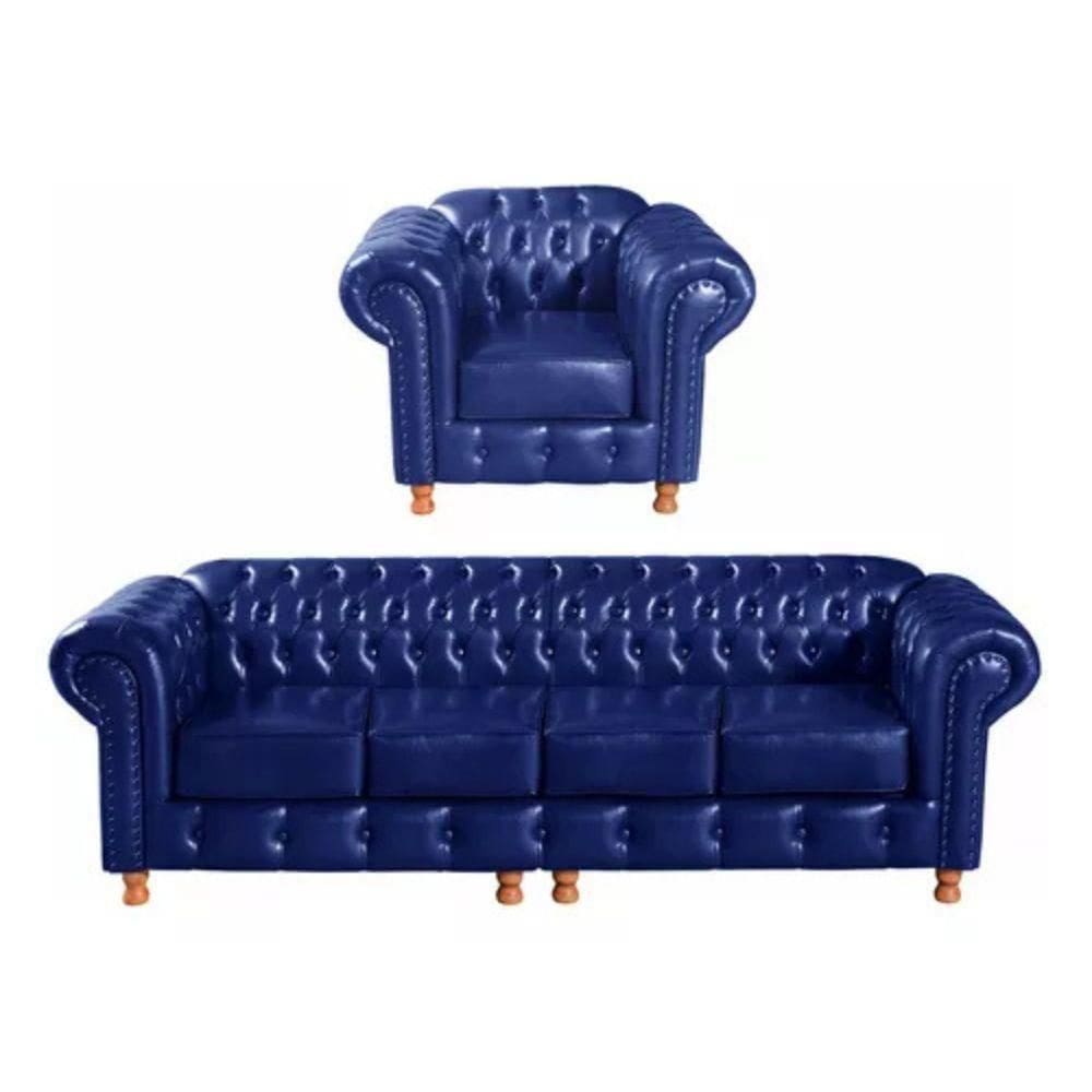 Conjunto Sofá 4 Lugares E Poltrona Chesterfield Luís Xv Vintage Retrô Capitonê Couro Azul