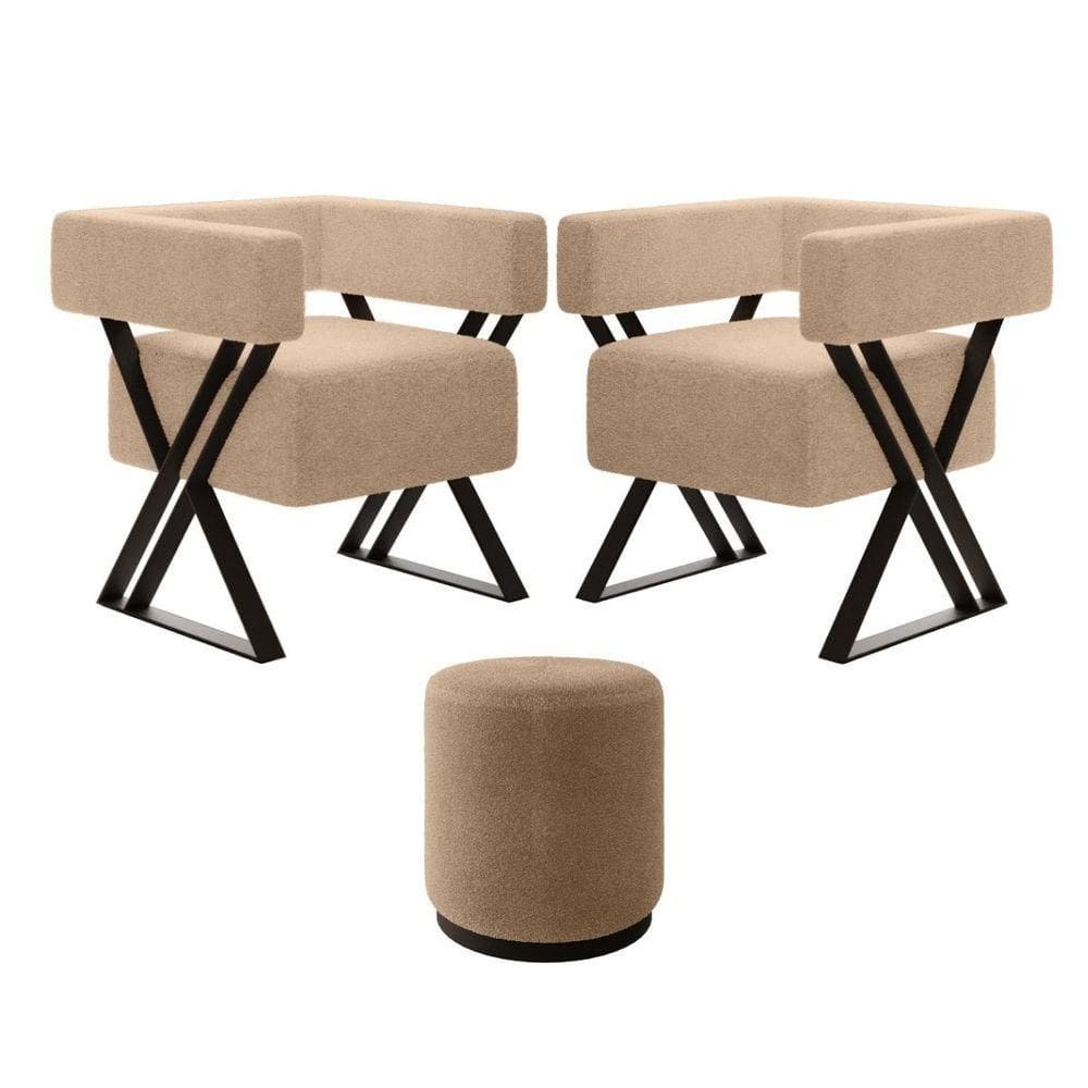 Kit 2 Poltrona E Puff Decorativo Kira Estilo Industrial Bouclé Bege