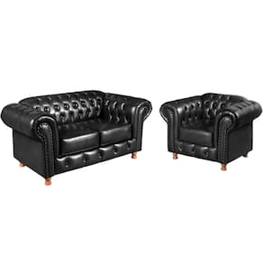 Conjunto Sofá 2 Lugares E Poltrona Chesterfield Luís Xv Vintage Retrô Capitonê Couro Preto