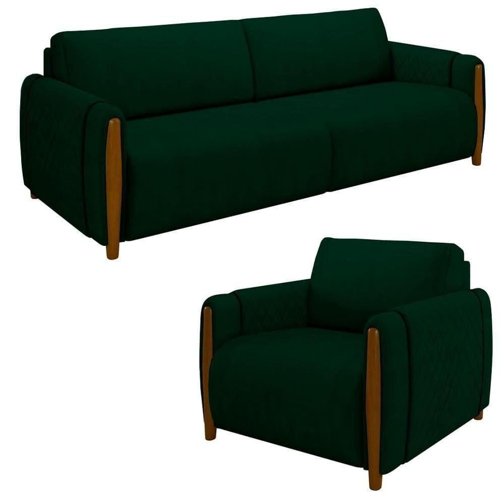 Conjunto Sofá 3 Lugares 223cm E Poltrona 98cm Amaranto M22 Veludo Verde - Mpozenato