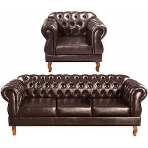 Conjunto Sofá 3 Lugares E Poltrona Chesterfield Luís Xv Vintage Retrô Capitonê Couro Marrom