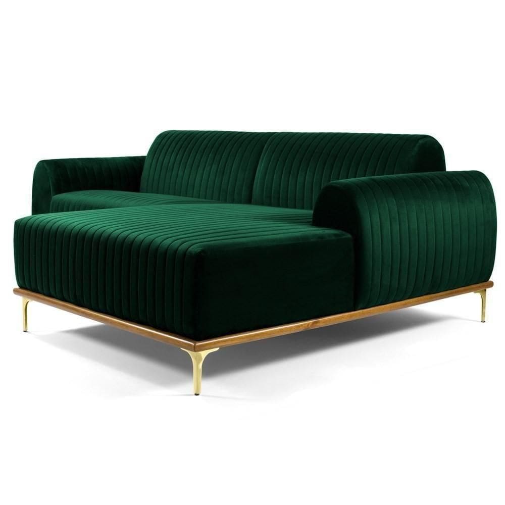 Sofá 320cm 5 Lugares Com Chaise Direito Pés Gold Molino C-303 Veludo Verde Musgo - Domi