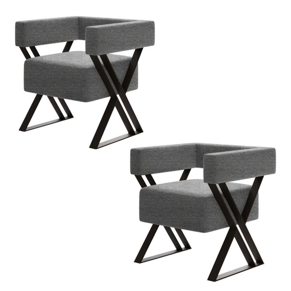 Kit 2 Poltrona Decorativa Kira Pés Metal Estilo Industrial Linho Cinza