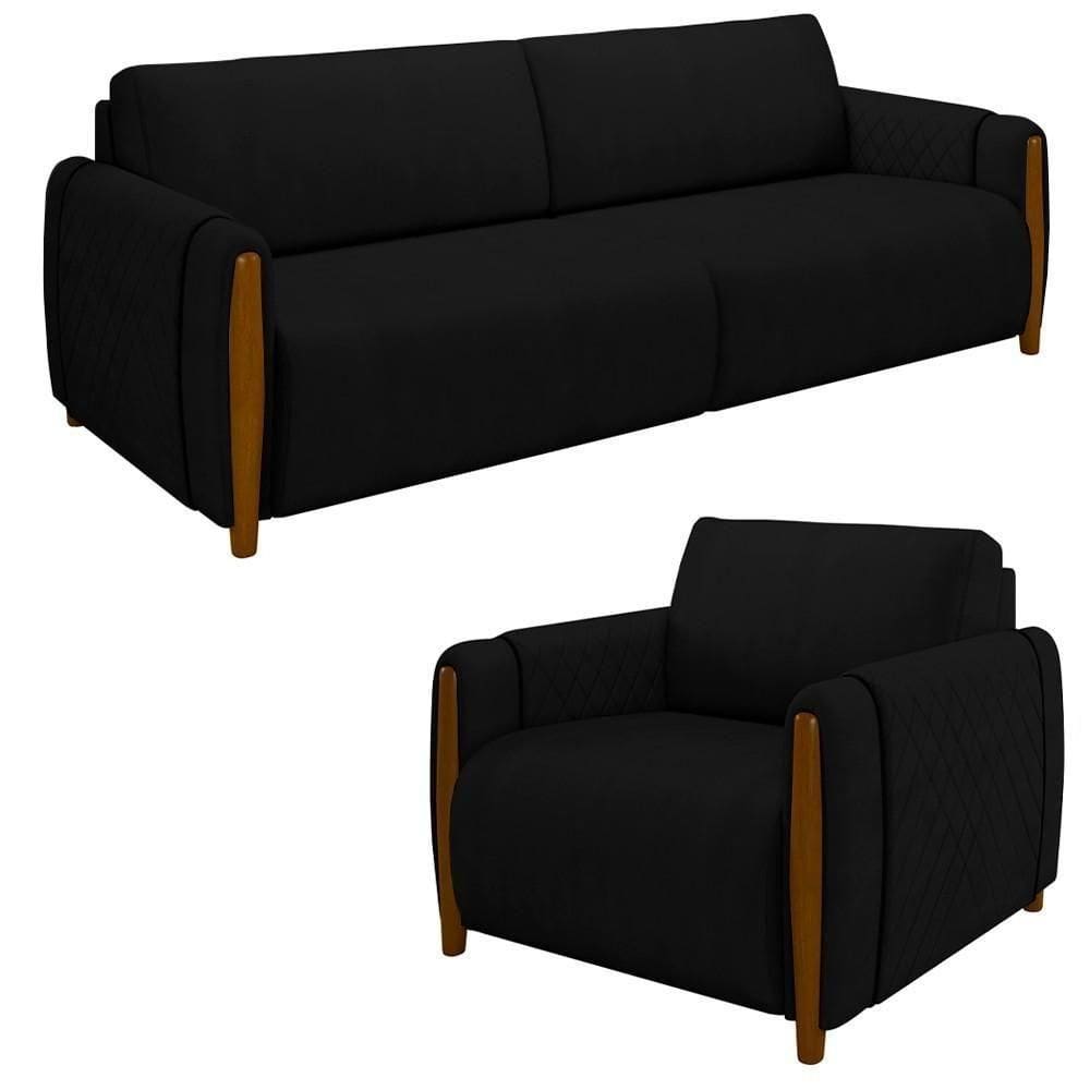 Conjunto Sofá 3 Lugares 223cm E Poltrona 98cm Amaranto M22 Veludo Preto - Mpozenato