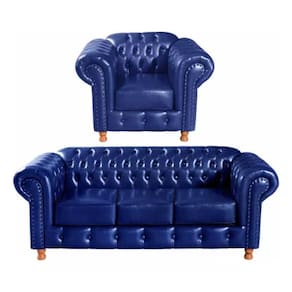 Conjunto Sofá 3 Lugares E Poltrona Chesterfield Luís Xv Vintage Retrô Capitonê Couro Azul
