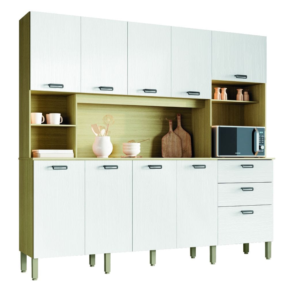 Armário de Cozinha Completa 2,22m 10 Portas 2 Gavetas Intense Branco / Madeirado Kit`s Paraná