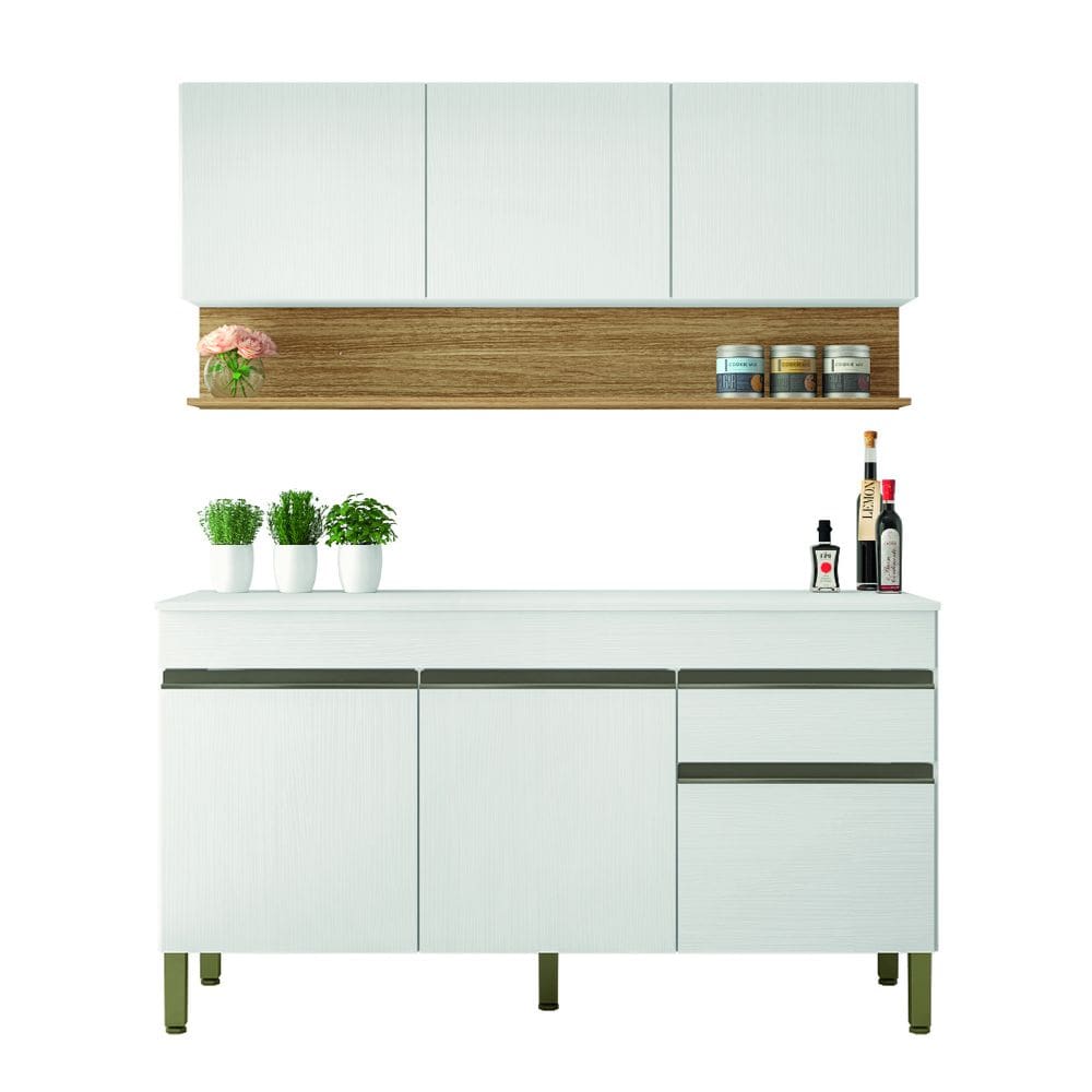 Kit Armário de Cozinha e Balcão Completa 1,50m Line Branco / Madeirado Kit`s Paraná